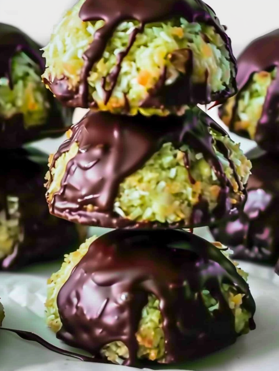 Close-up of chocolate-dipped macaroons