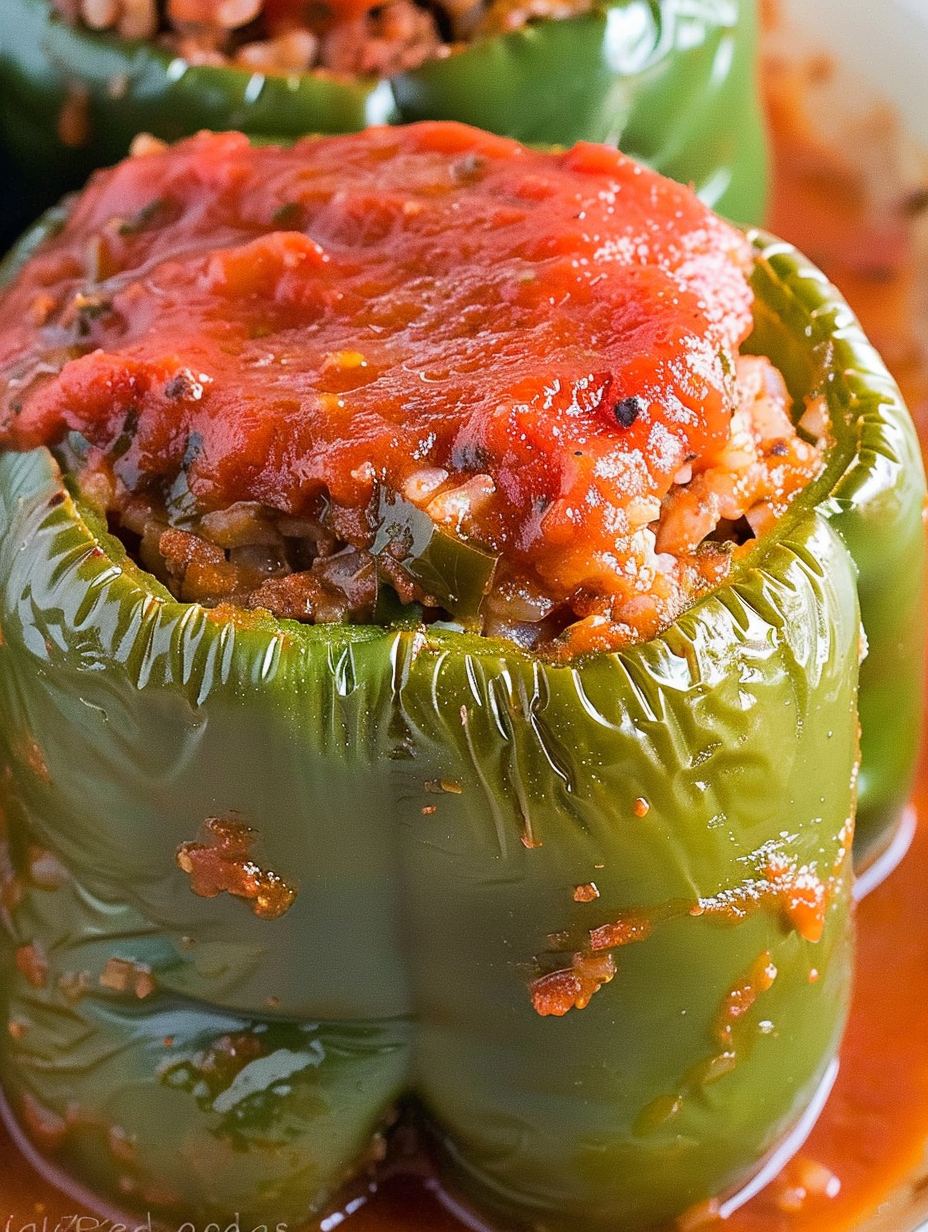 Six stuffed green bell peppers baking in a casserole dish
