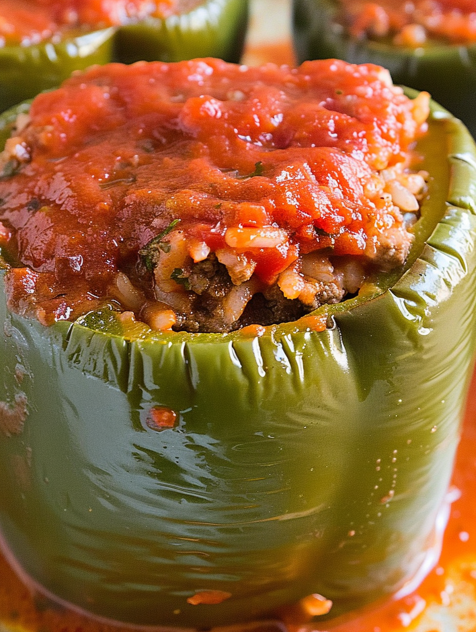 Close up of a stuffed pepper cut open to show the rice and beef filling