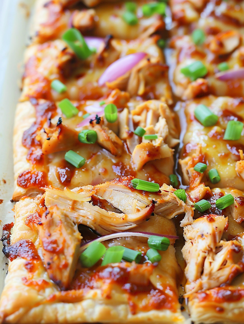 Puff pastry BBQ chicken pizza on baking sheet