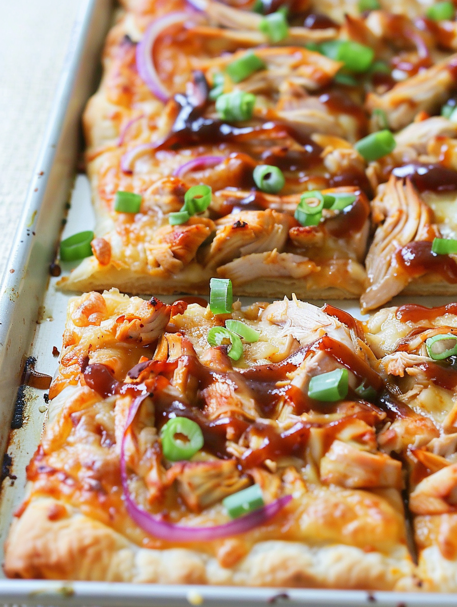 Sliced BBQ chicken pizza with green onions