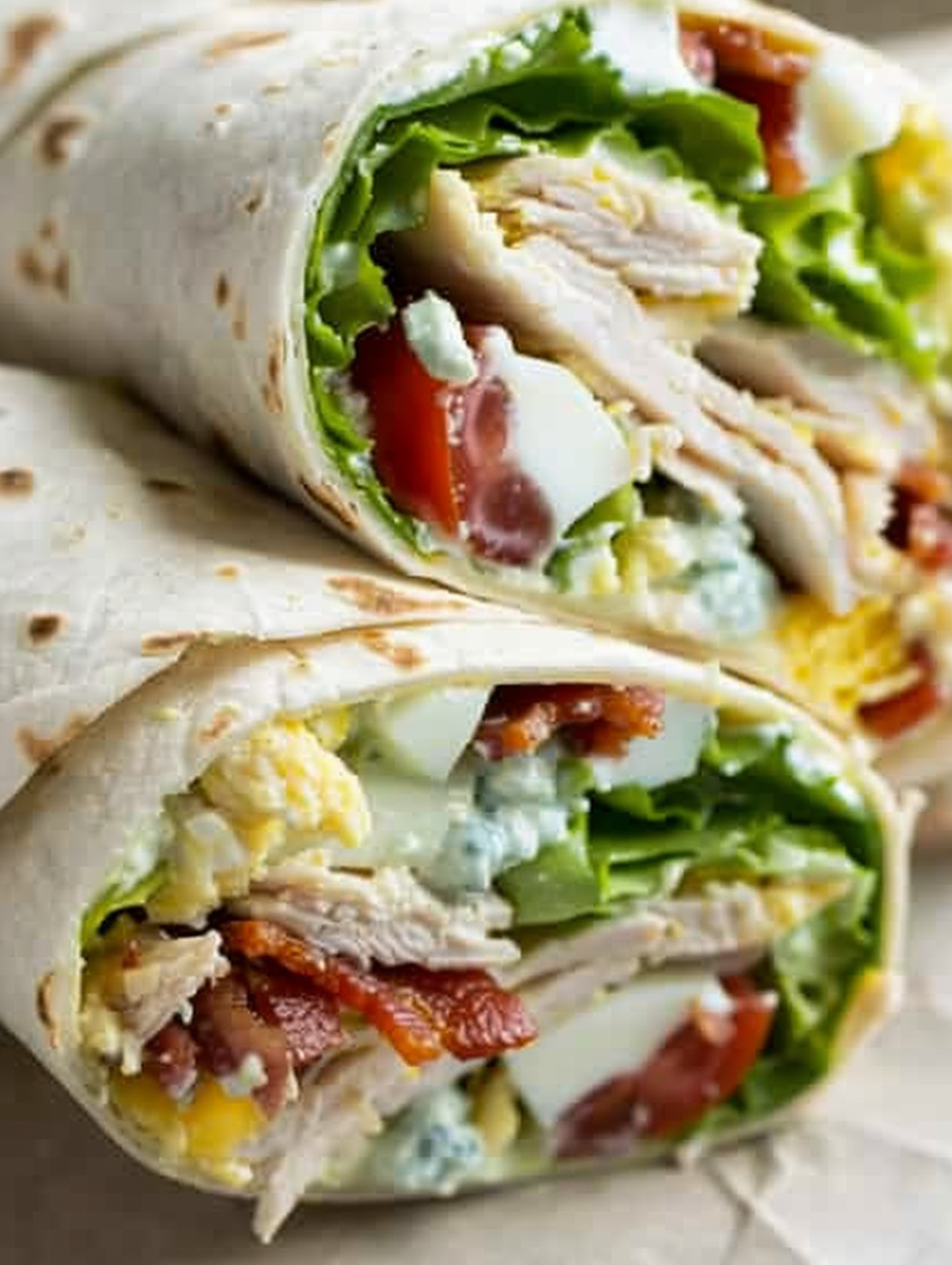 Chicken Cobb Salad Wrap cut in half on a wooden board