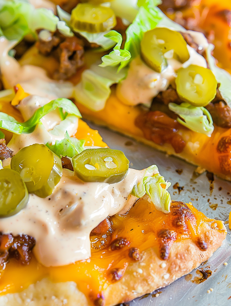 Slice of Big Mac Pizza with pickles and lettuce