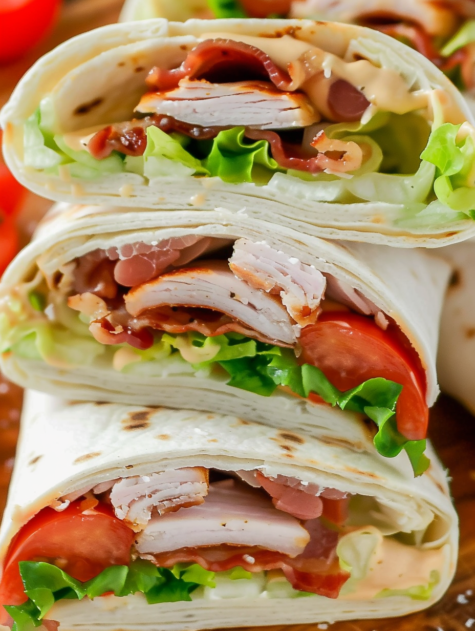 Ranch BLT wrap on cutting board with ingredients