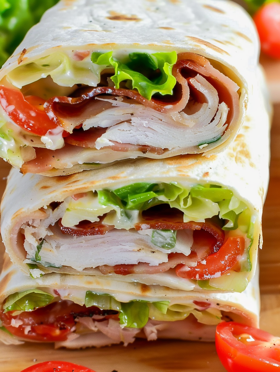 Two Ranch BLT wraps sliced on a plate