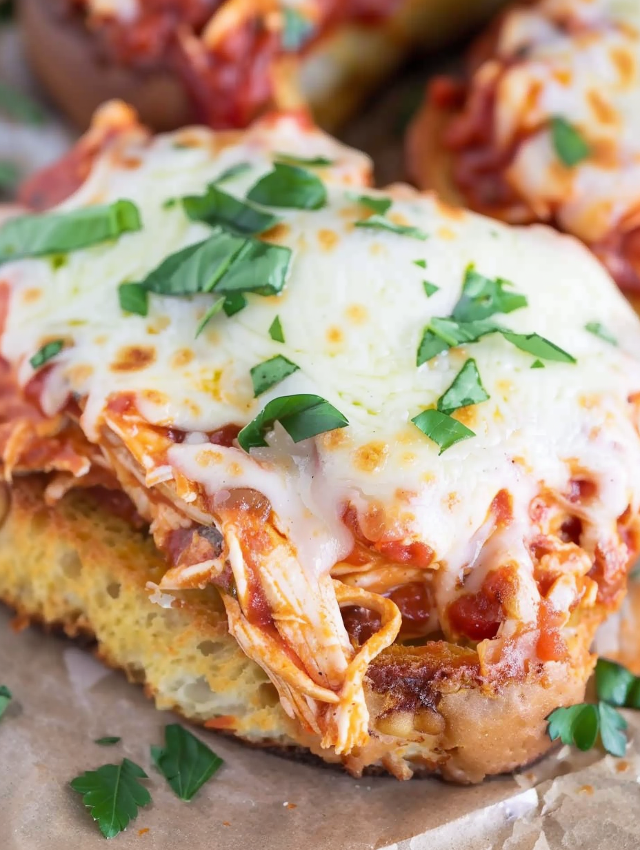 Shredded chicken parmesan sandwich close up