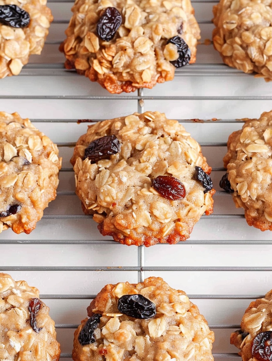 Fresh baked oatmeal raisin cookies on a parchment-lined baking sheet