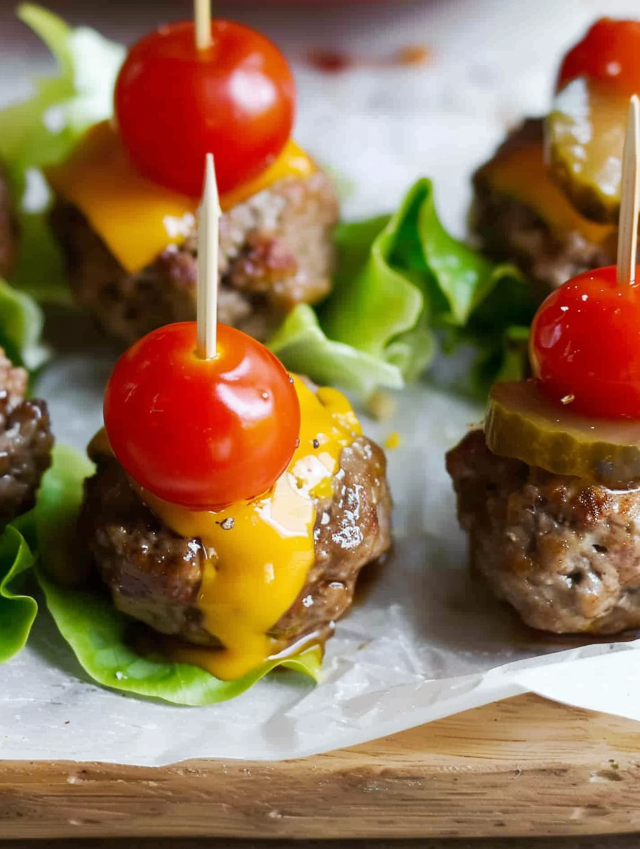 Close-up of a cheeseburger meatball with melted cheddar
