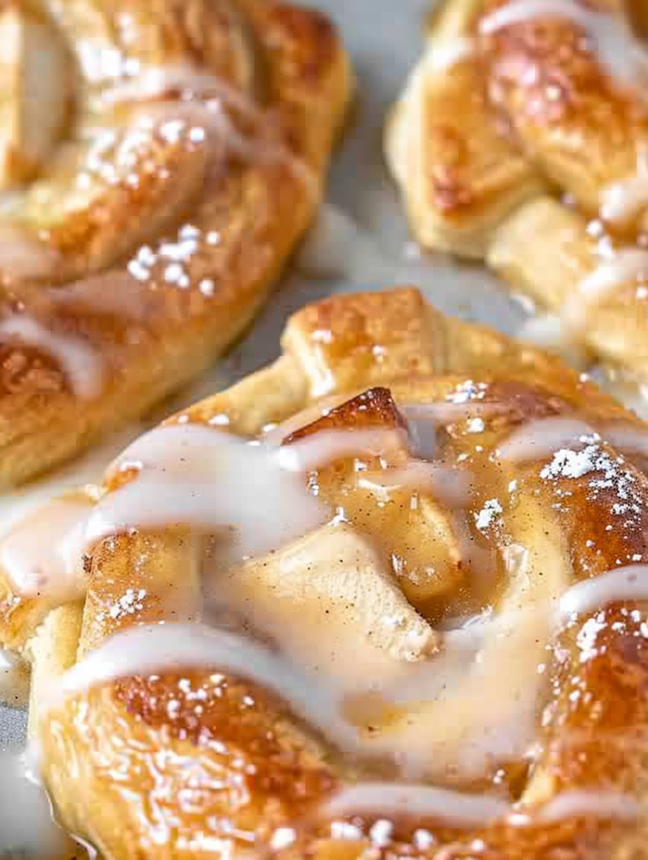 Freshly baked apple danishes on a baking sheet