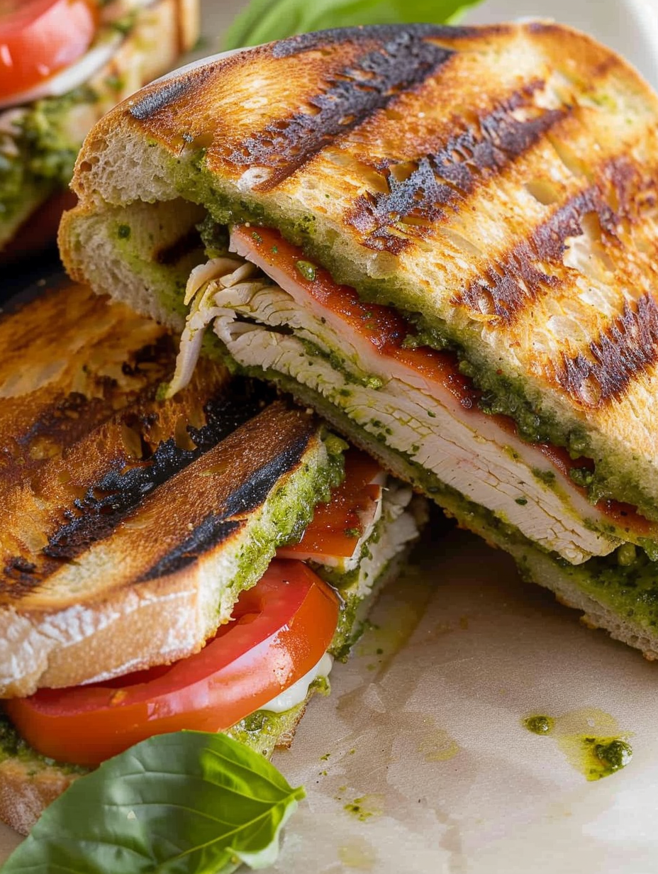 Chicken pesto panini pressed on grill
