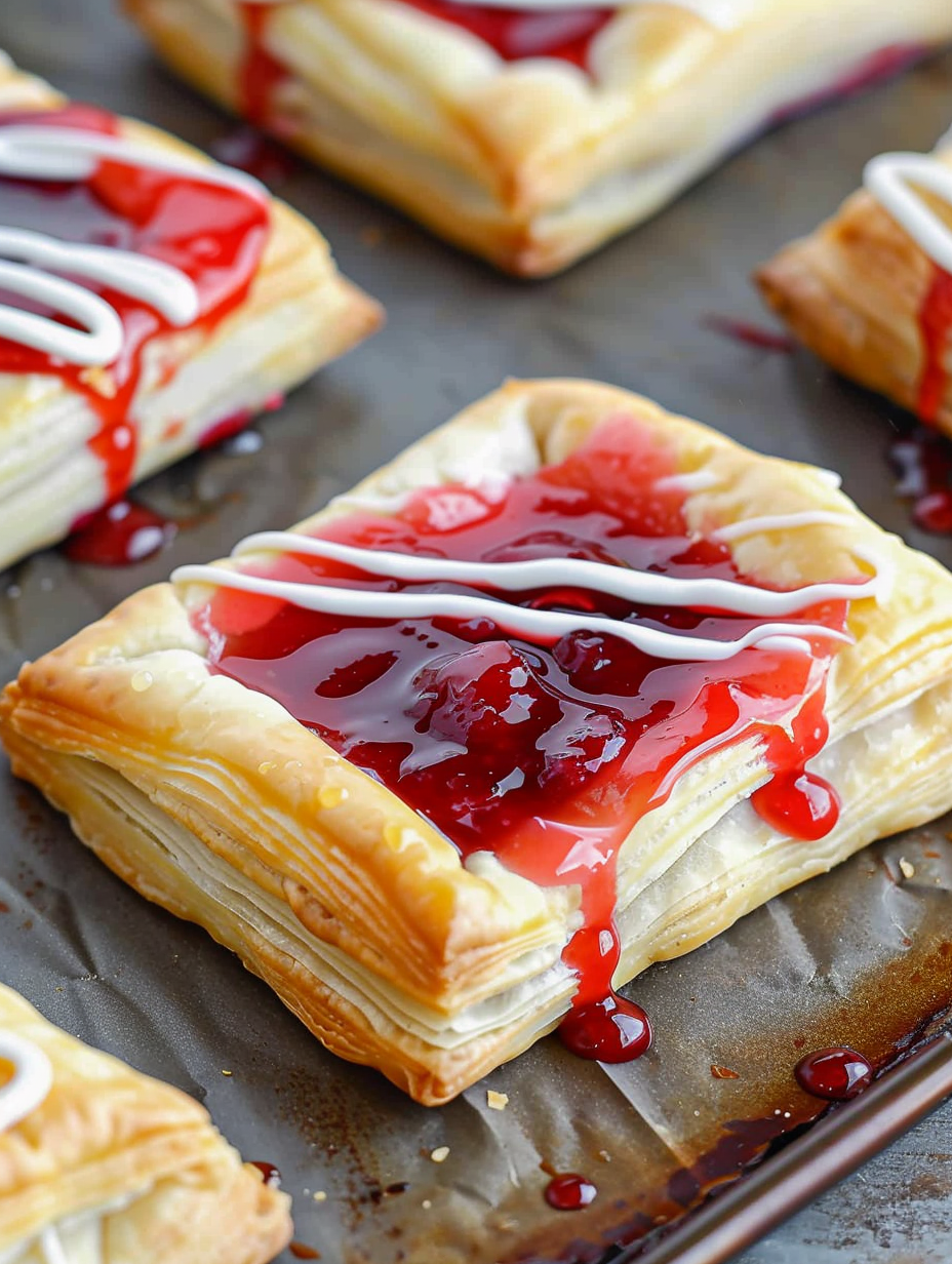 Close-up of glazed cherry danish with flaky layers