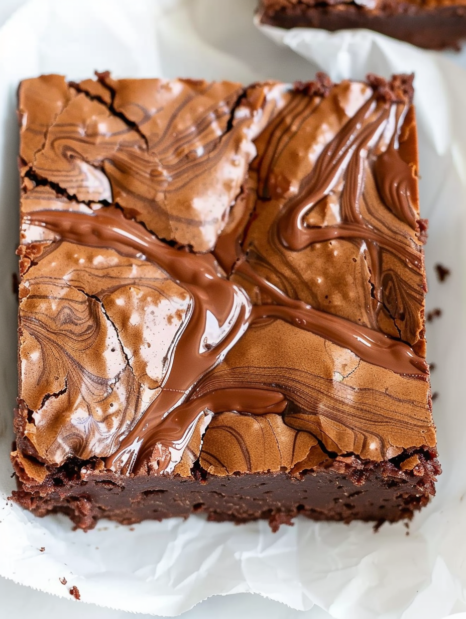 Close-up of a sliced Nutella brownie showcasing the swirl
