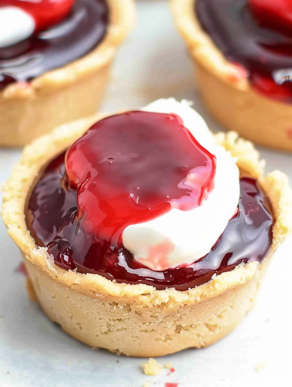Close-up of a filled cherry cheesecake cup with sprinkles