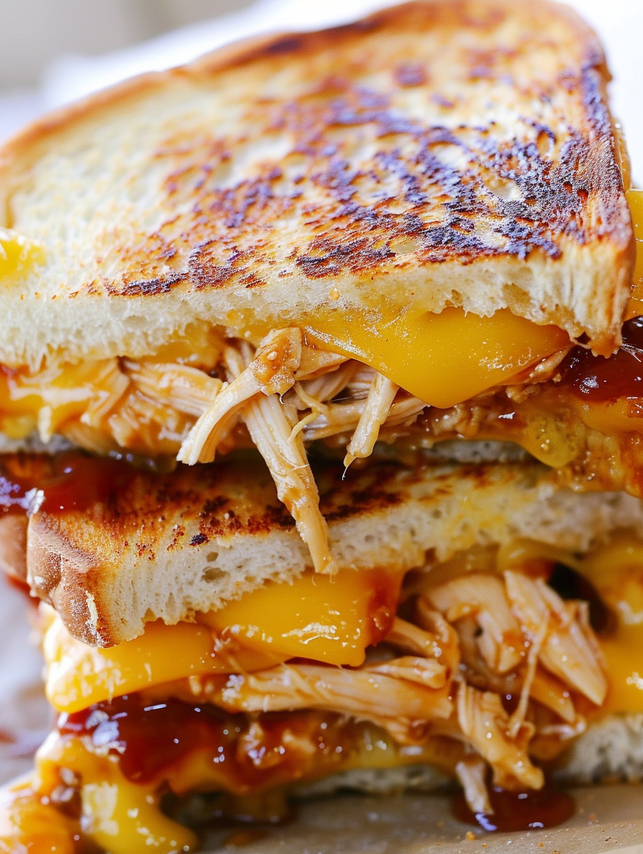 BBQ chicken grilled cheese on a cutting board