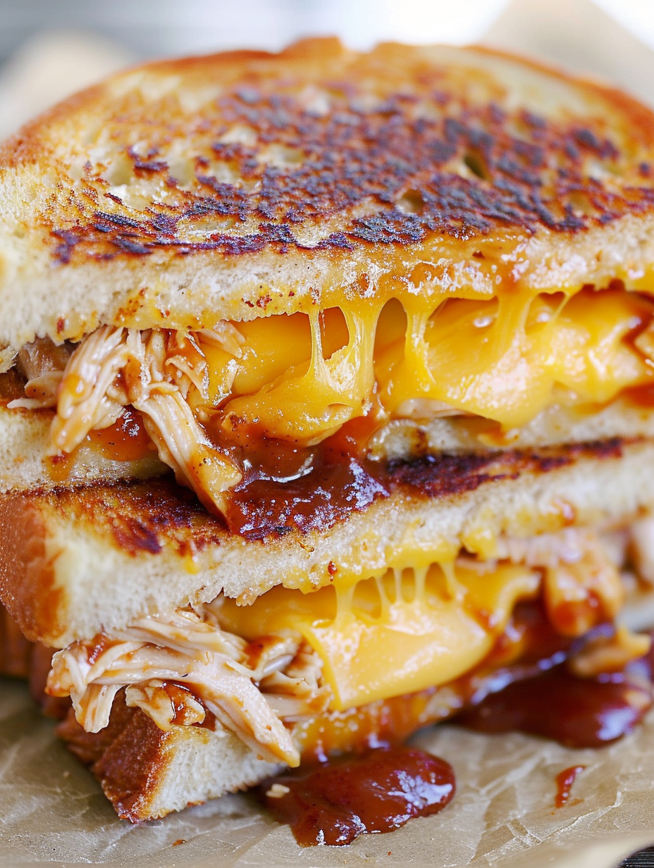 Close-up of melty grilled cheese with BBQ chicken