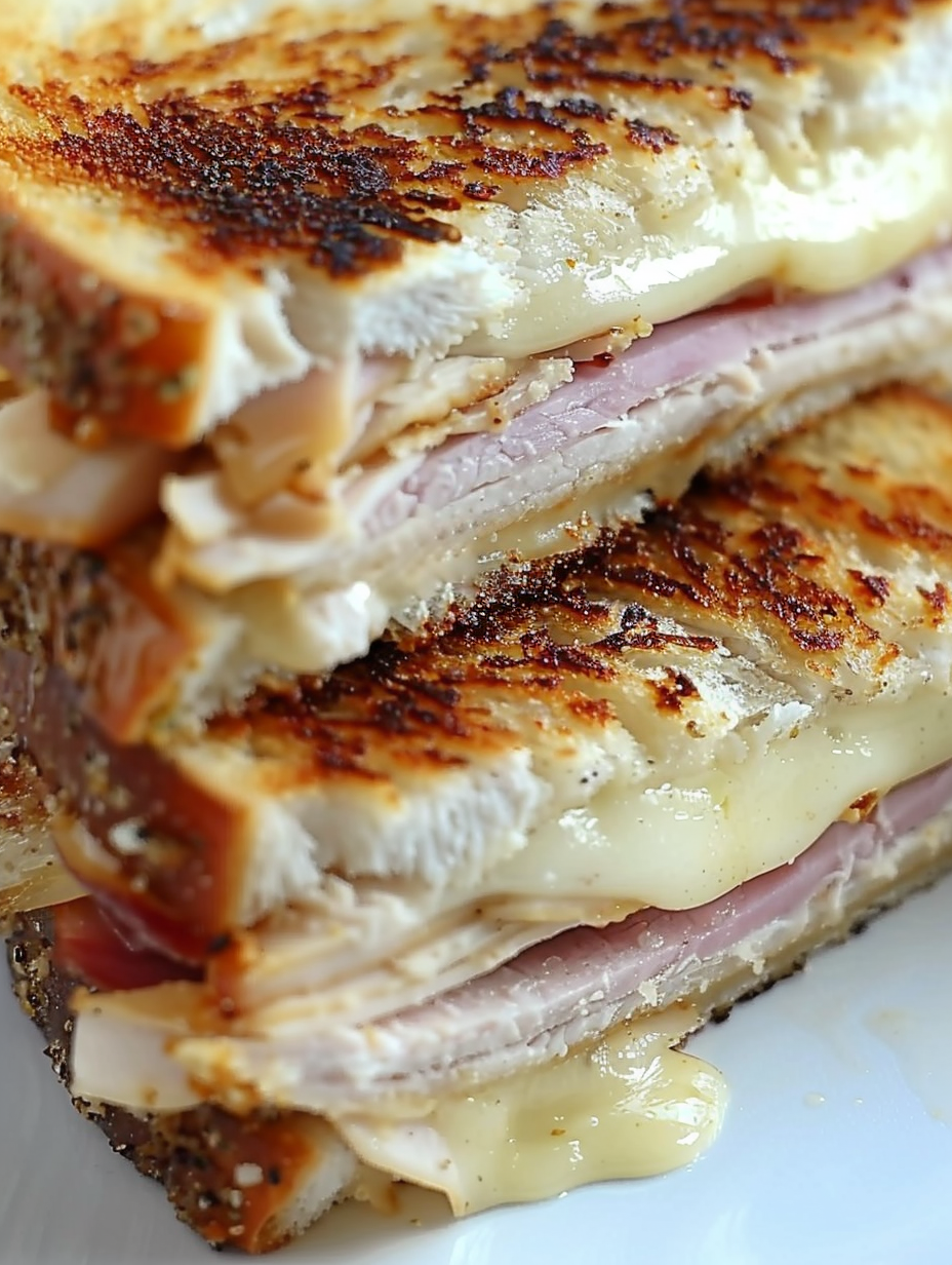 Assembled cordon bleu grilled cheese sandwich