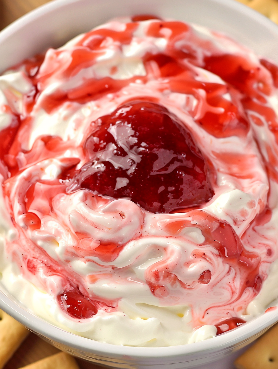 Bowl of strawberry cheesecake dip with graham crackers