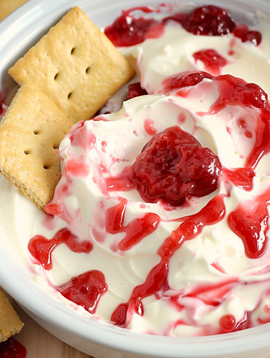 Close-up of strawberry swirl on cheesecake dip