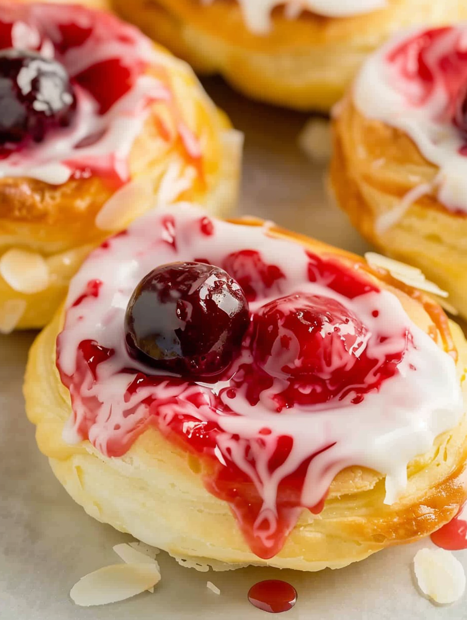 Cherry danish served on a tray with coffee