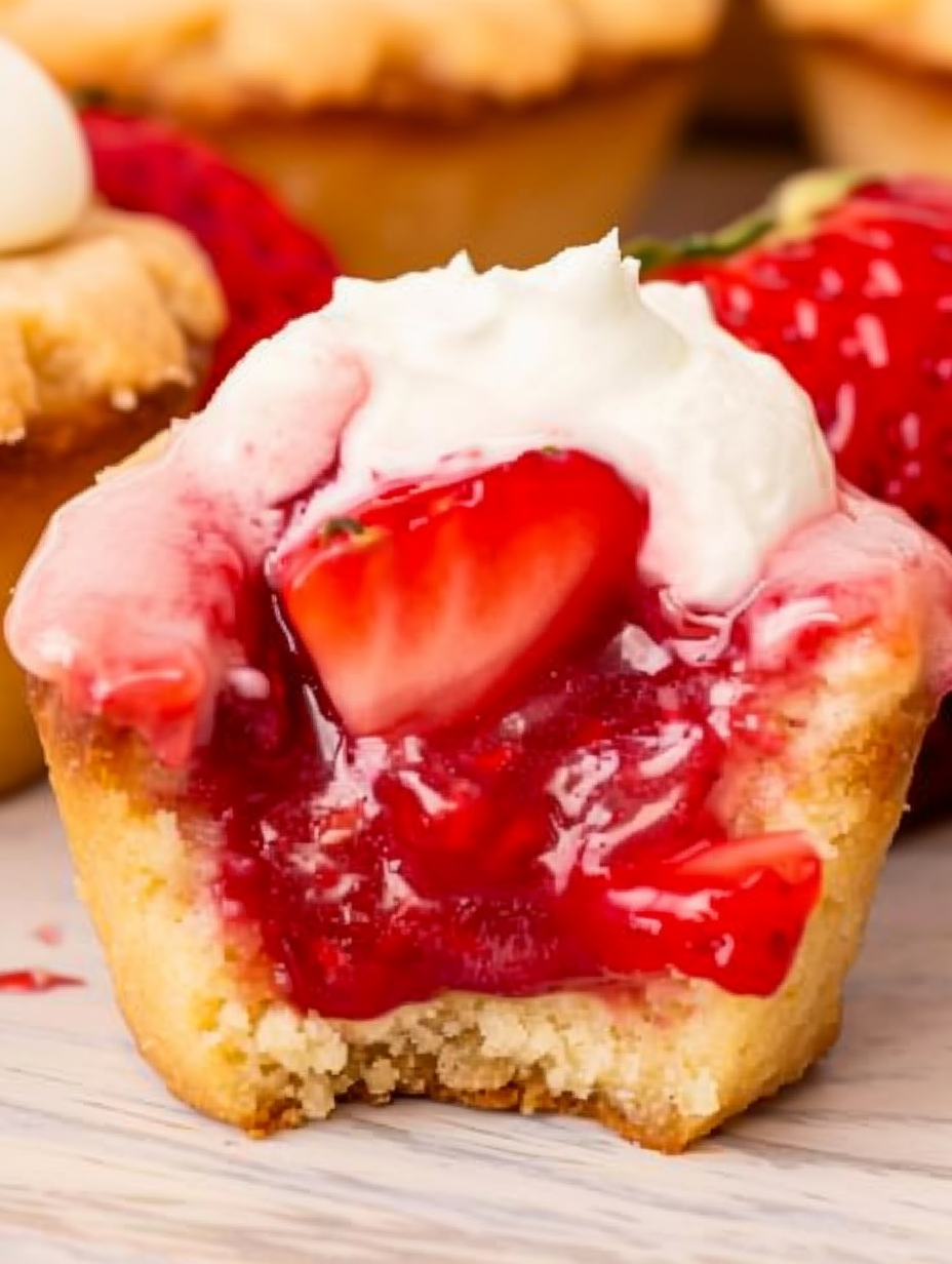 Fresh strawberry pie cookie cups in a muffin tin