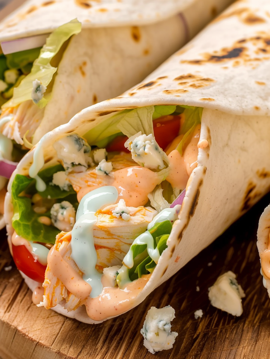 Buffalo chicken wrapped with lettuce and tomatoes on a plate