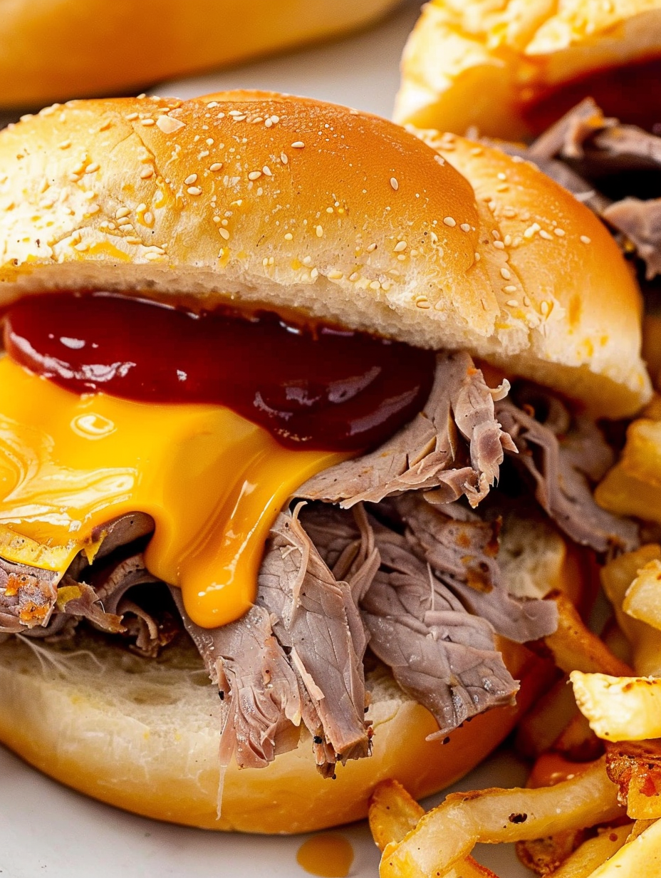 Close-up of cheese sauce being poured over roast beef