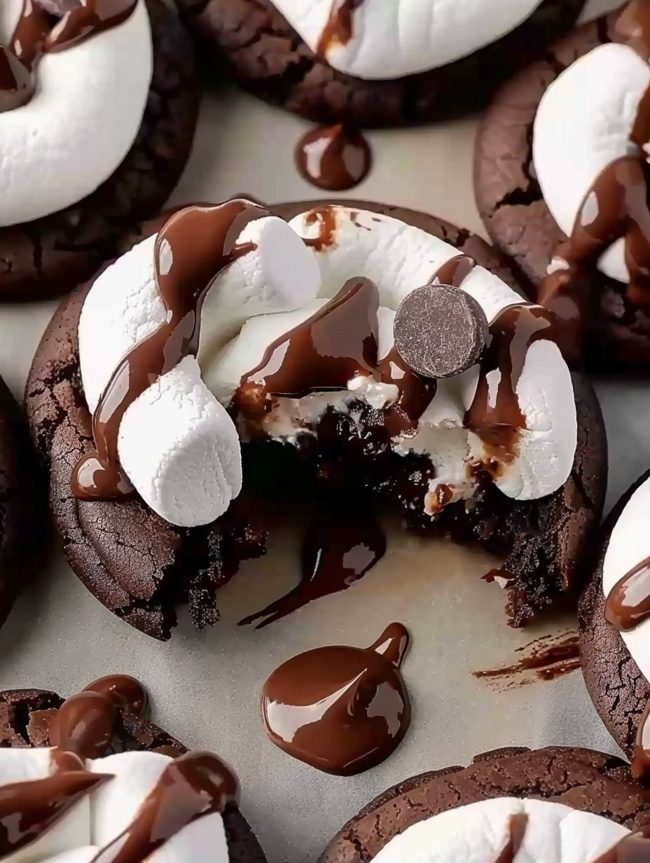 Tray of double chocolate marshmallow cookies fresh from oven