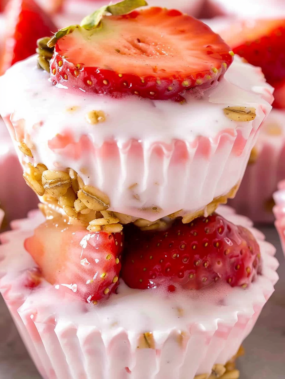 Close-up of strawberry and granola topping on yogurt bite