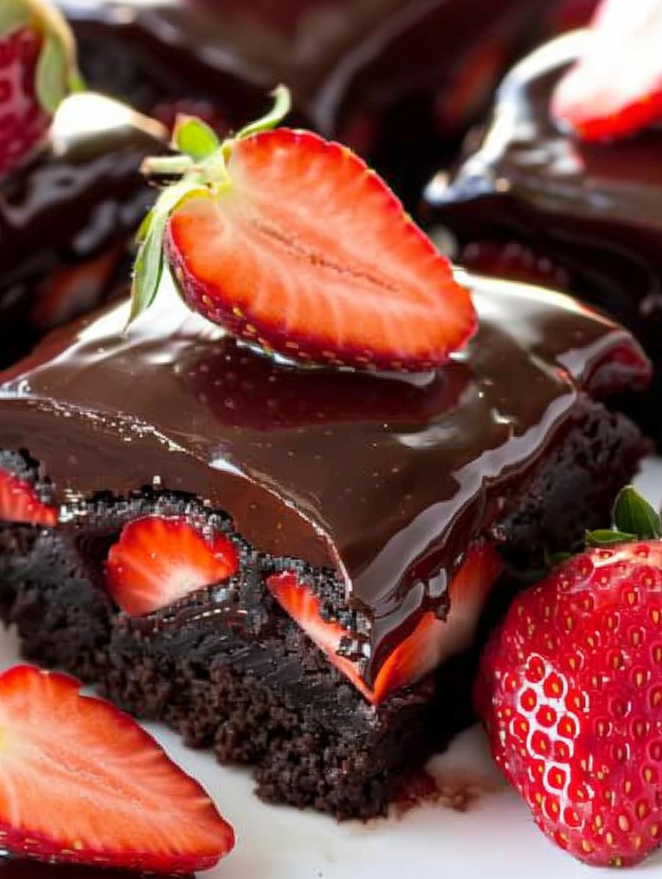 Chocolate ganache being poured over strawberries on brownies