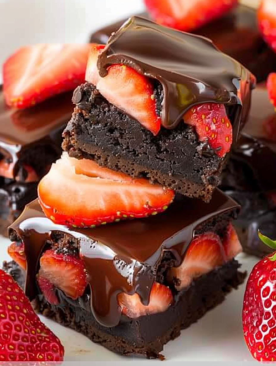 Close up of halved strawberries on brownie layer