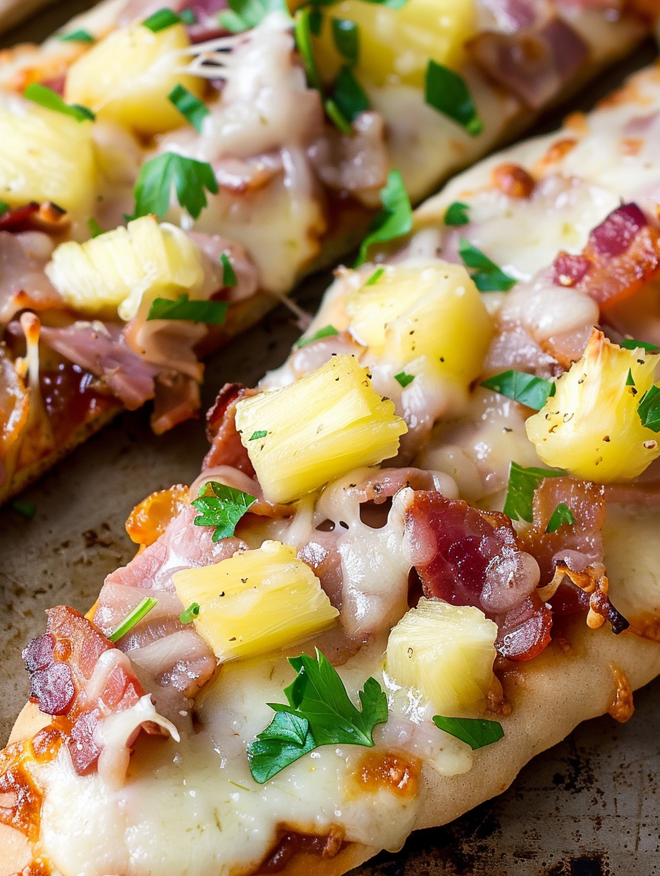BBQ Hawaiian flatbread pizza fresh from the oven