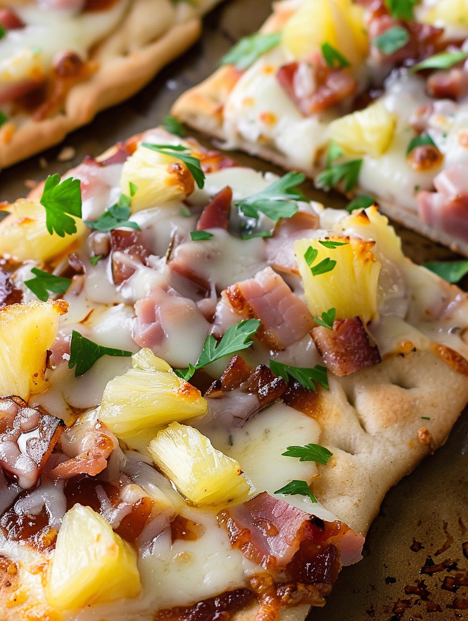 Close-up of melted cheese and pineapple on flatbread