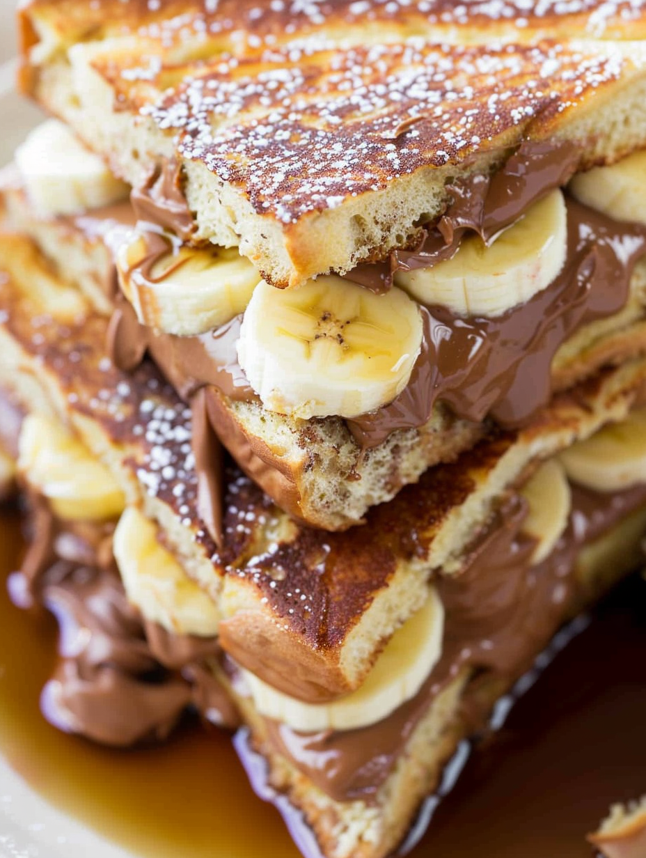Close up of stuffed French toast showing gooey chocolate peanut butter