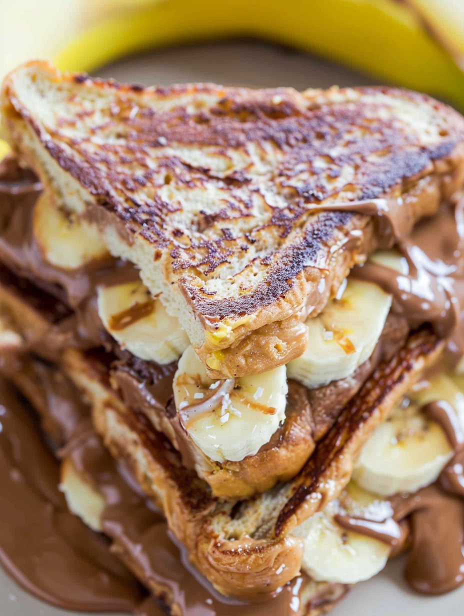 Chocolate peanut butter banana stuffed French toast ready on plate
