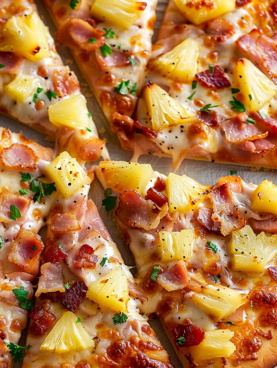Hawaiian pizza fresh from oven with pineapple and bacon