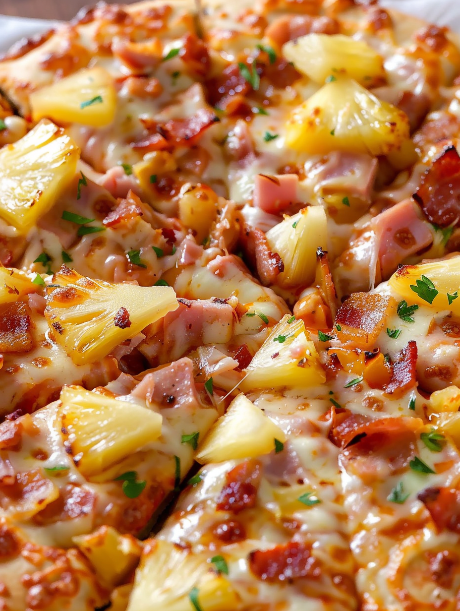 Slice of Hawaiian pizza with melted cheese and bacon