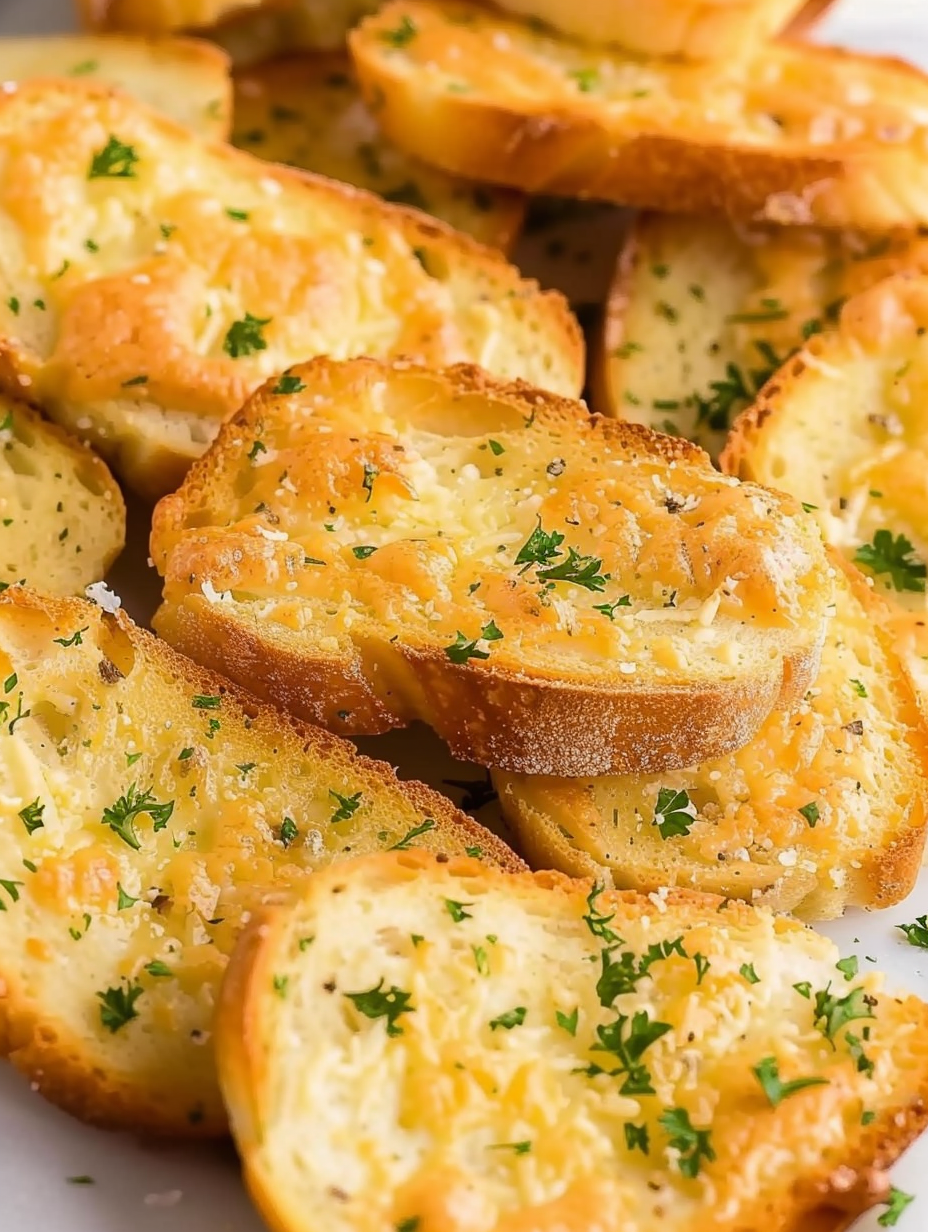 Golden baked cheesy baguette slices ready to serve