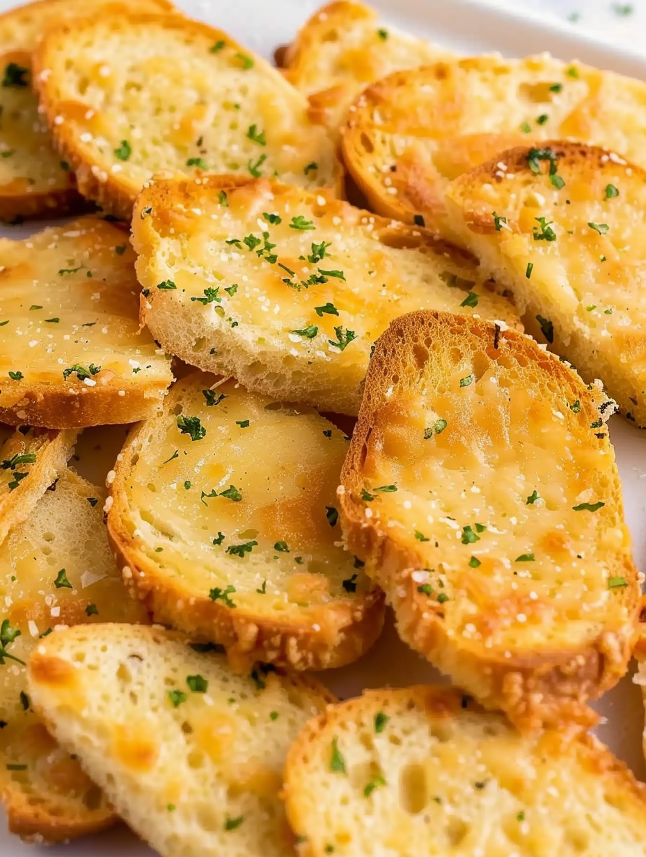 Sliced baguette on a parchment lined sheet