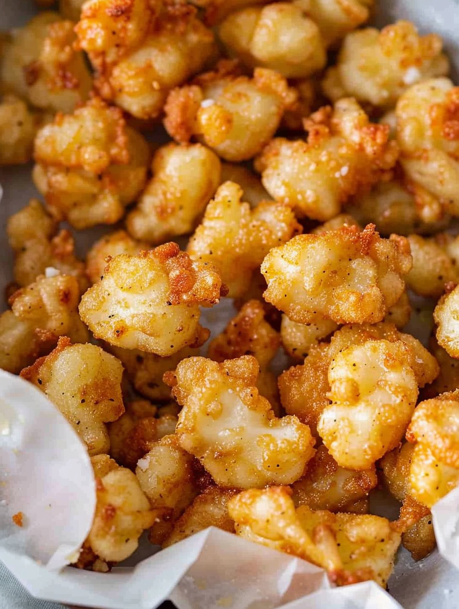Golden fried cheese curds on a wire rack