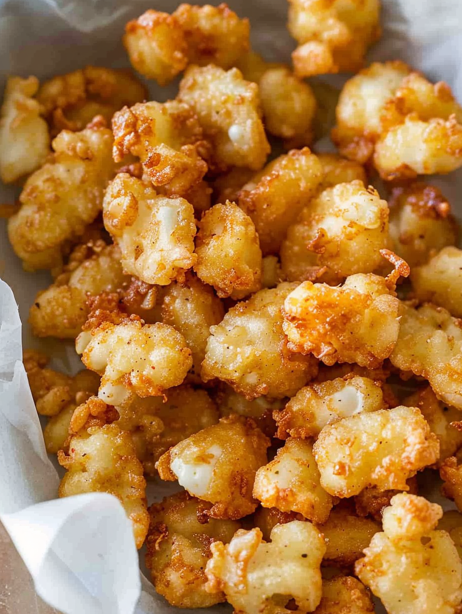 Close-up of battered cheese curds ready to fry