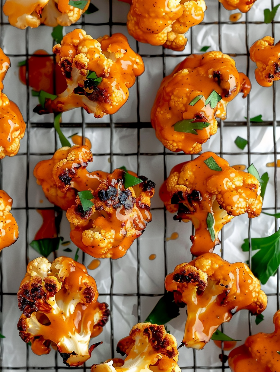 Buffalo cauliflower wings tossed in sauce in a bowl