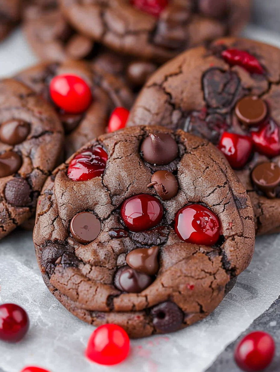 Close up of a cookie with cherry and chocolate on top
