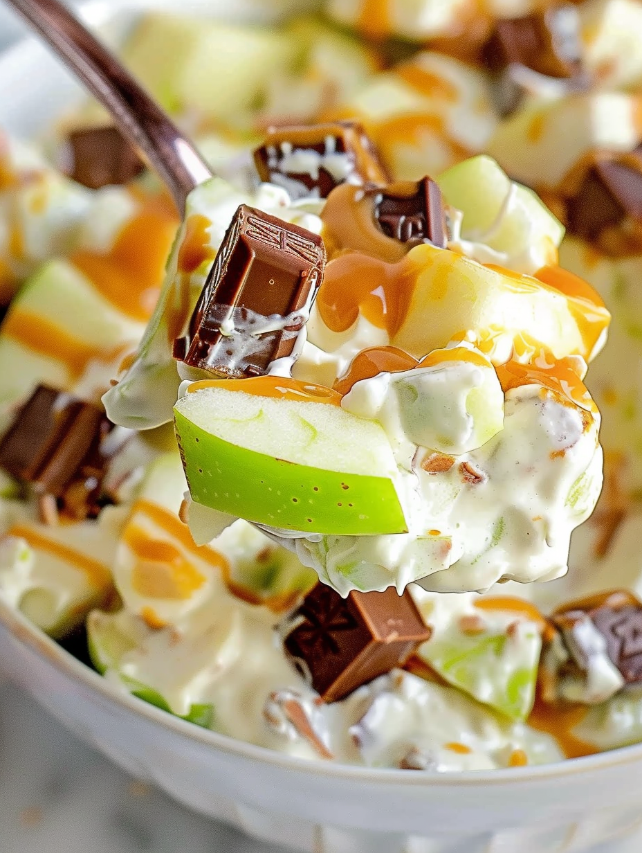 Snickers apple salad with caramel drizzle