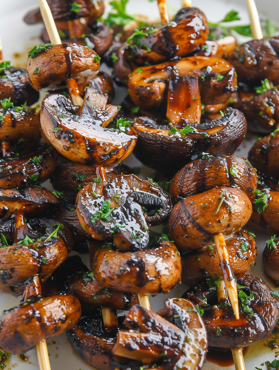Balsamic garlic mushrooms on skewers, fresh off the grill