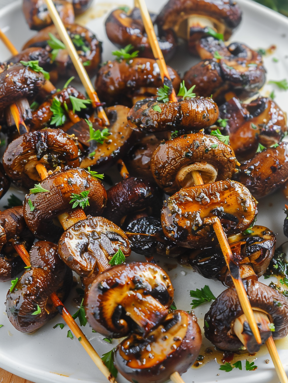 Close-up of marinated mushrooms ready for the grill