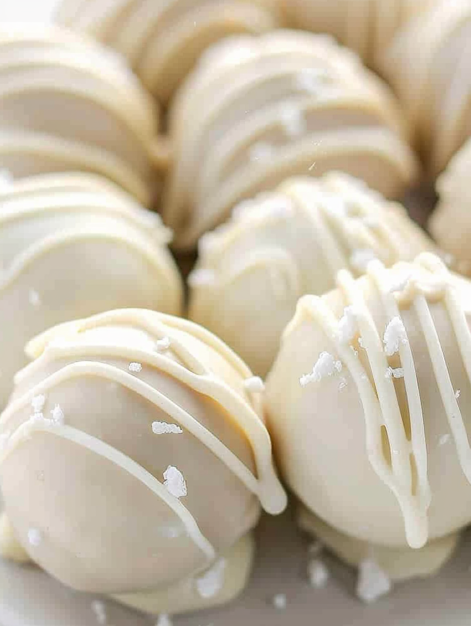 White chocolate peanut butter balls on a baking sheet with sea salt