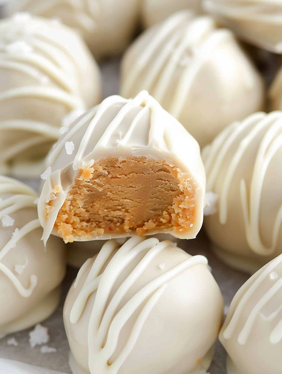 Close-up of a peanut butter ball drizzled with white chocolate