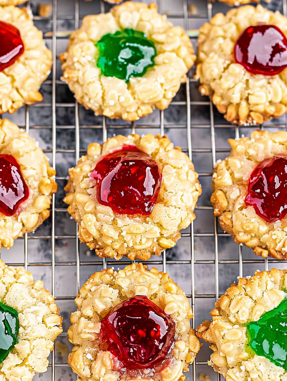 Tray of freshly baked jelly thumbprint cookies with peanuts