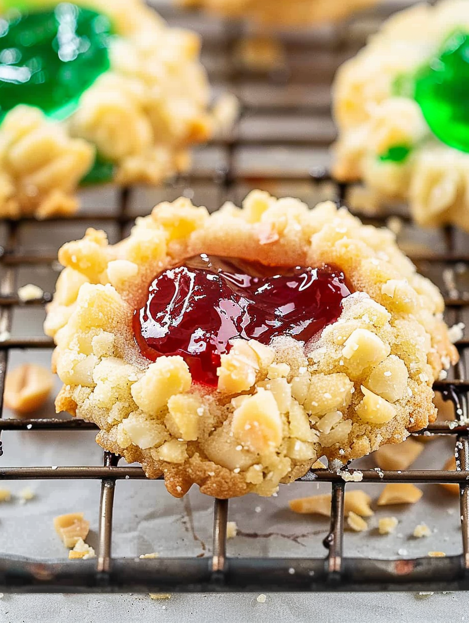 Close up of a single thumbprint cookie showing the jam center