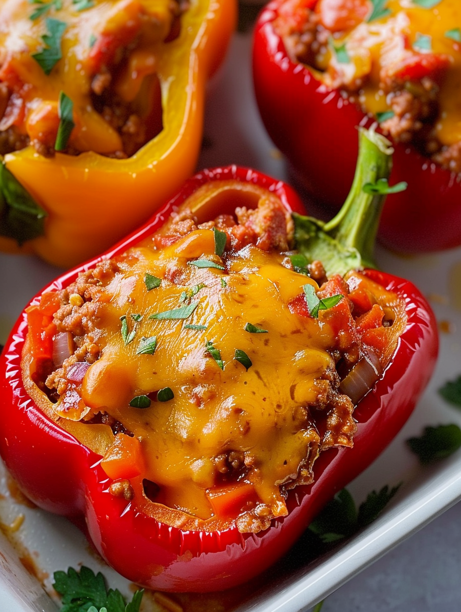 Sloppy Joe stuffed peppers on baking dish, golden melted cheese